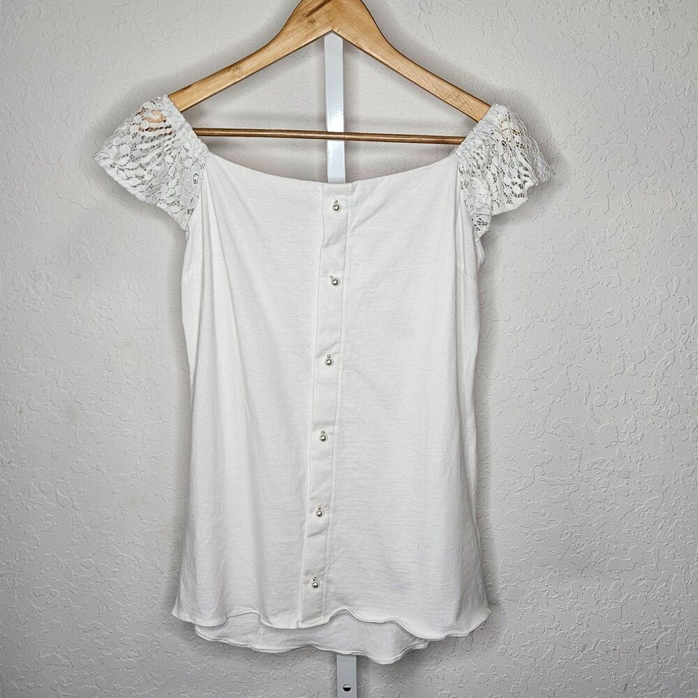 Coton Frais White Off Shoulder Top Lace Sleeve Pearl Button 100% Cotton S NWT‎